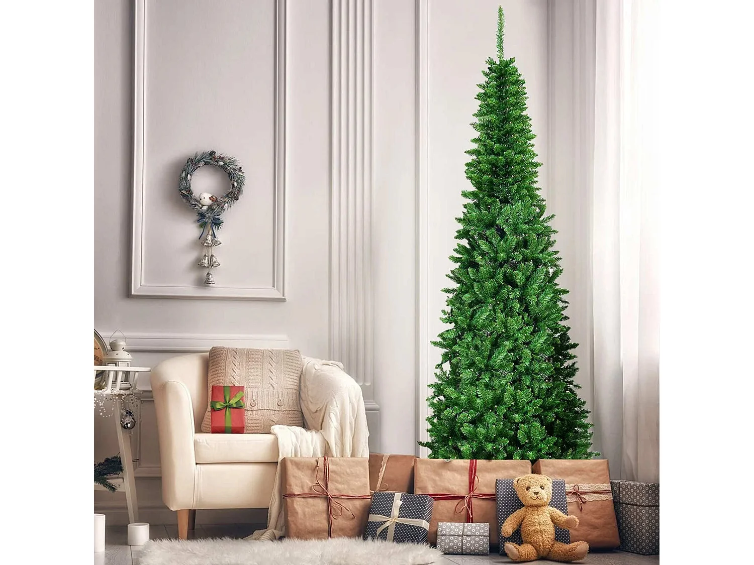 Albero di Natale artificiale abete 225 cm, stretto, con supporto
