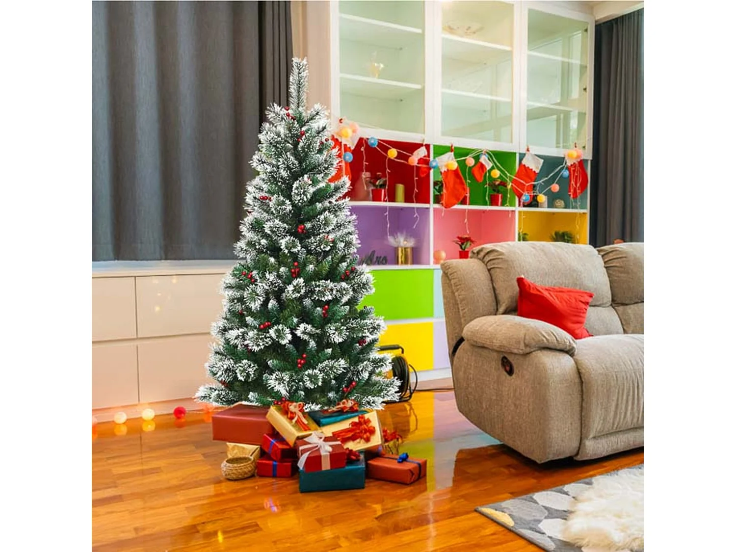 Albero di natale artificiale da 150 cm innevato, abete con base