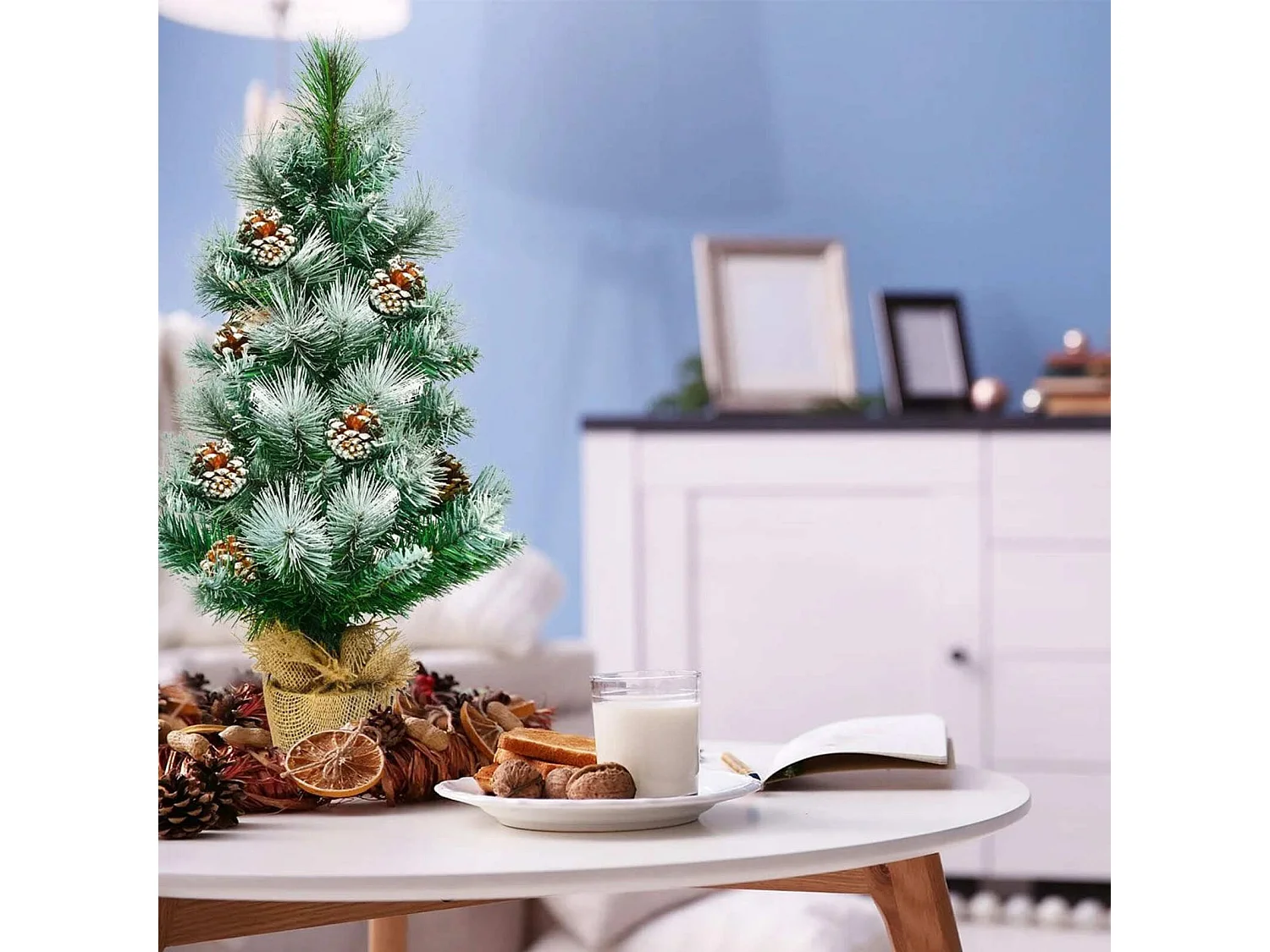 Mini albero di natale artificiale da 60 cm con neve e base