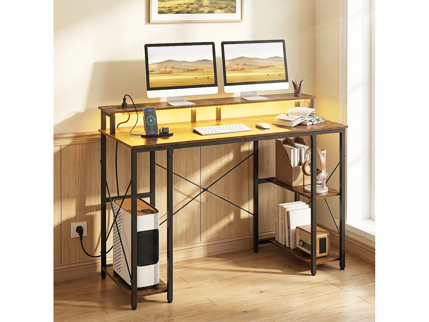 Bureau gaming avec éclairage LED, étagère pour écran et station de recharge