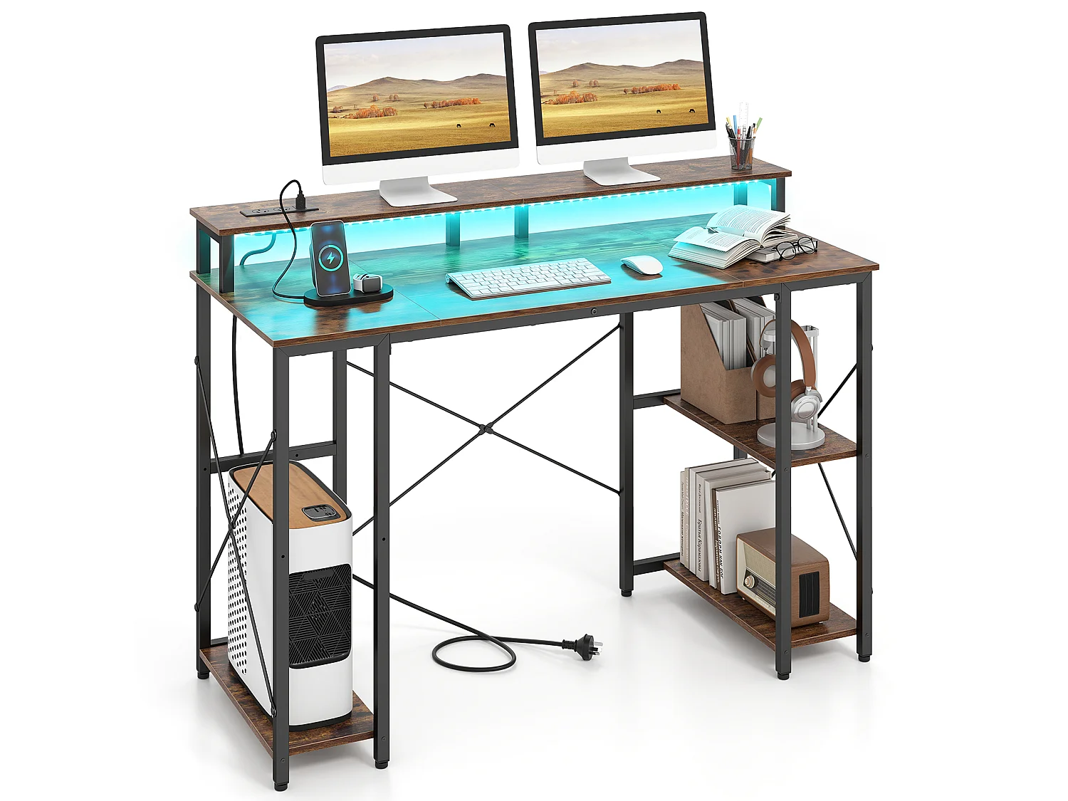 Bureau gaming avec éclairage LED, étagère pour écran et station de recharge