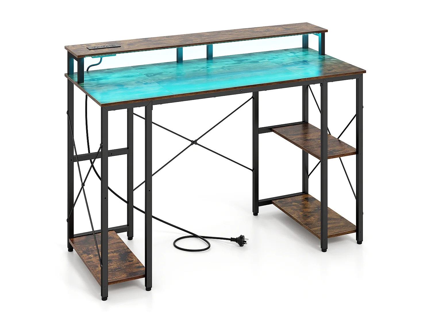 Bureau gaming avec éclairage LED, étagère pour écran et station de recharge