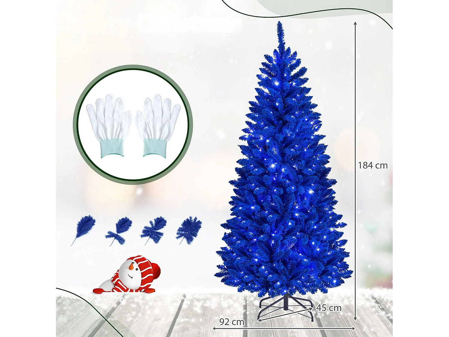 Albero di Natale artificiale blu con luci LED, 183 cm