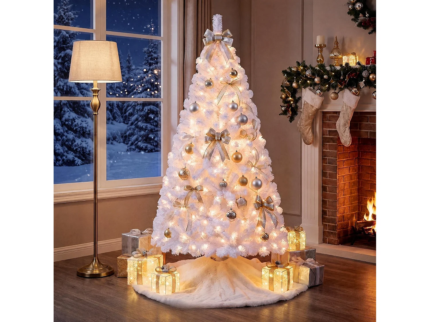 Albero di Natale artificiale floccato da 150 cm, 160 LED - Bianco
