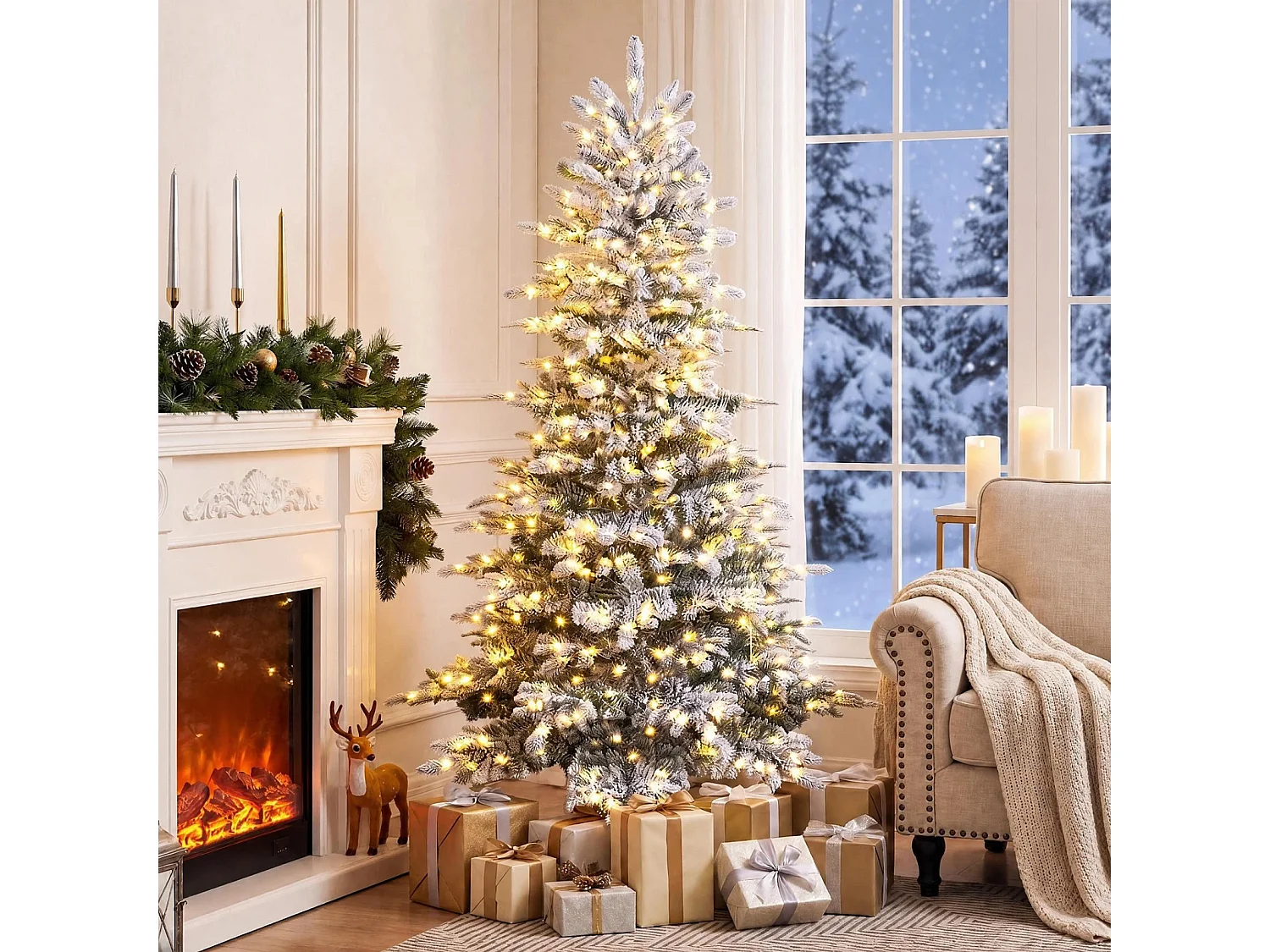 Albero di Natale artificiale con neve artificiale e luci LED, 180 cm