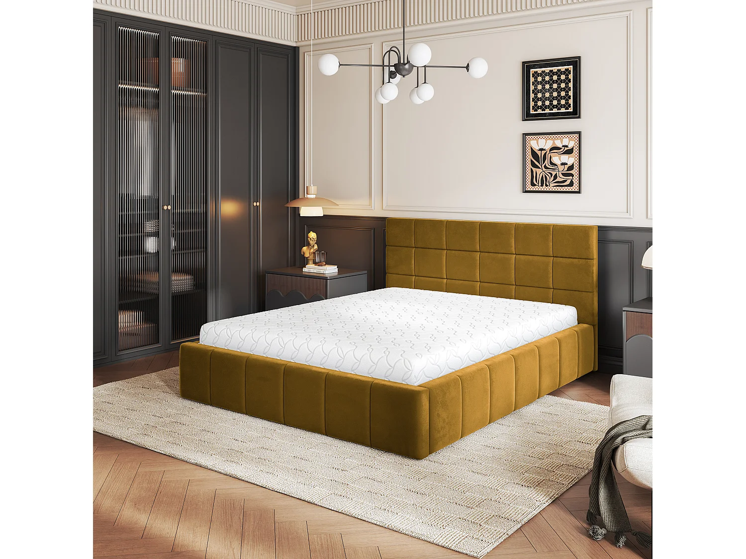 Lit Coffre VERTO 120x200 cm - Tissu peluche - Jaune