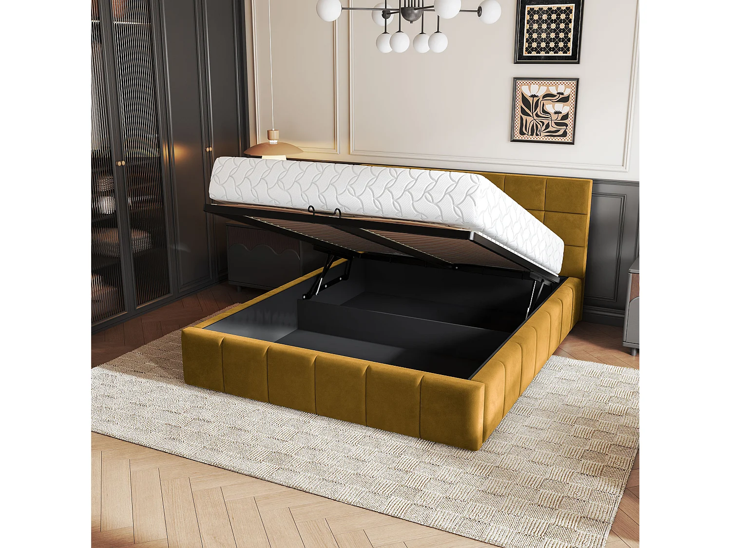 Lit Coffre VERTO 120x200 cm - Tissu peluche - Jaune