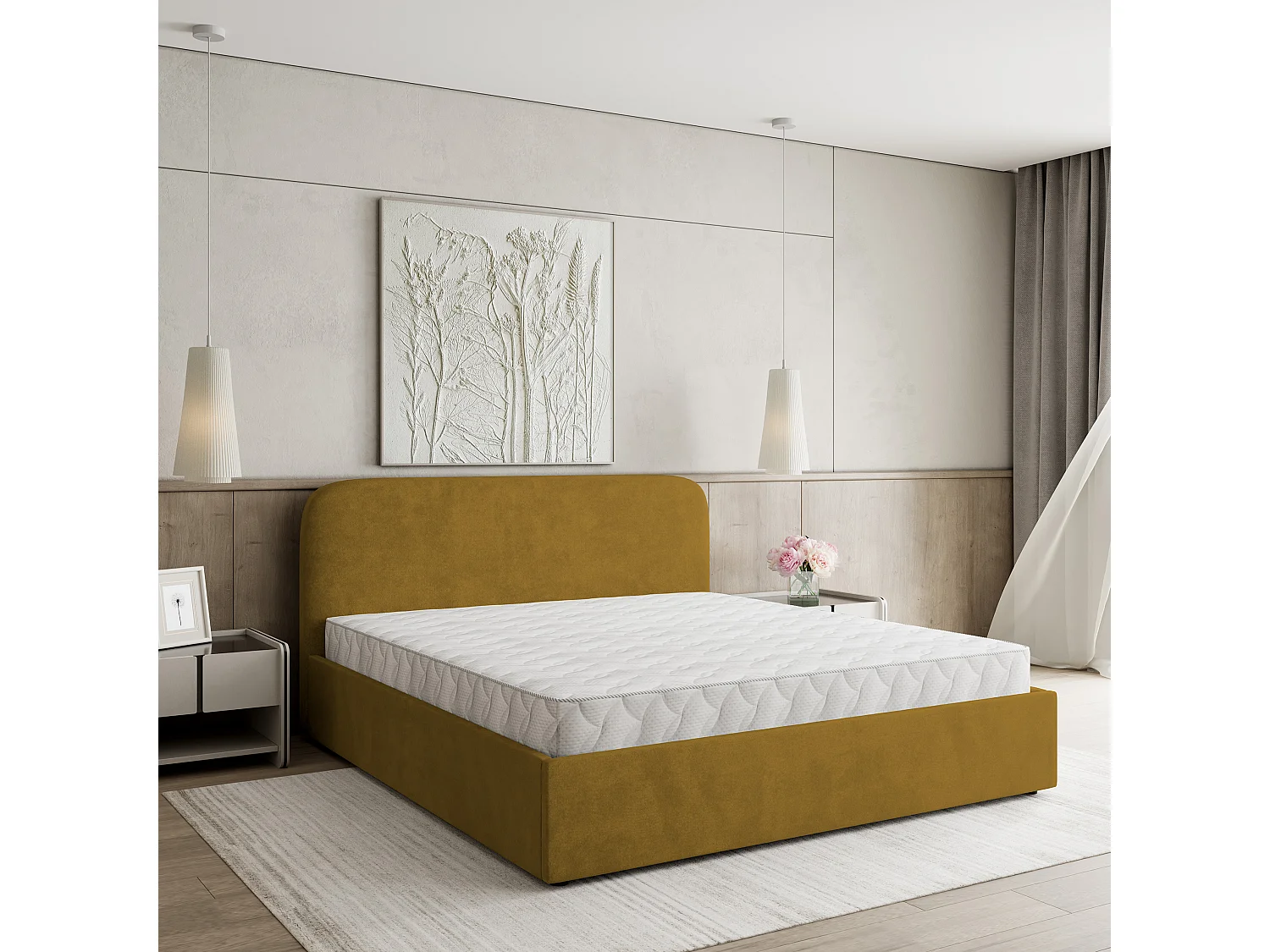 Lit Coffre RENIVE 140x200 cm - Tissu peluche - Jaune