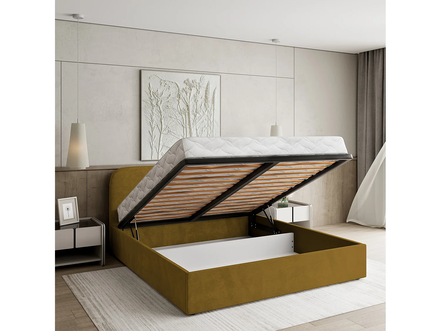 Lit Coffre RENIVE 140x200 cm - Tissu peluche - Jaune