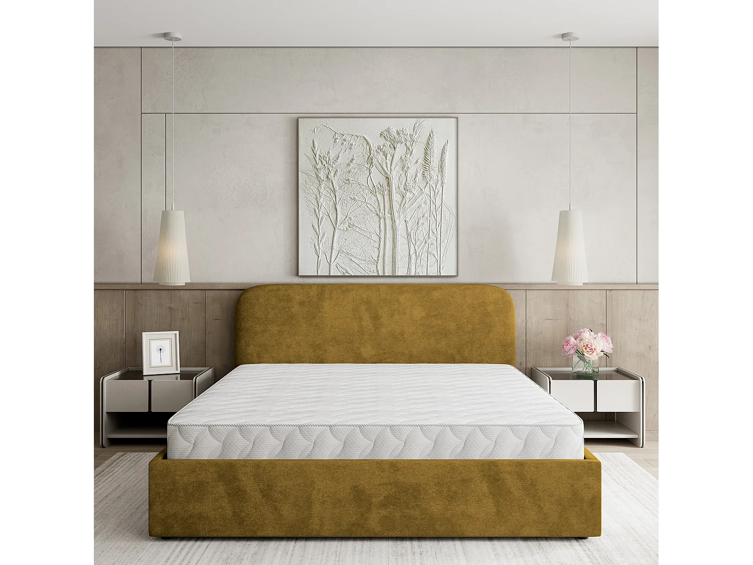Lit Coffre RENIVE 140x200 cm - Tissu peluche - Jaune