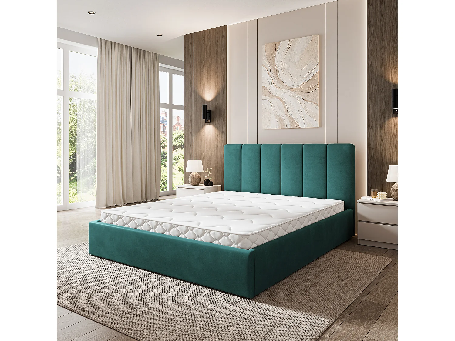 Gestoffeerd bed NEMIS 120x200 cm - Fluwelen stof - Zeegroen
