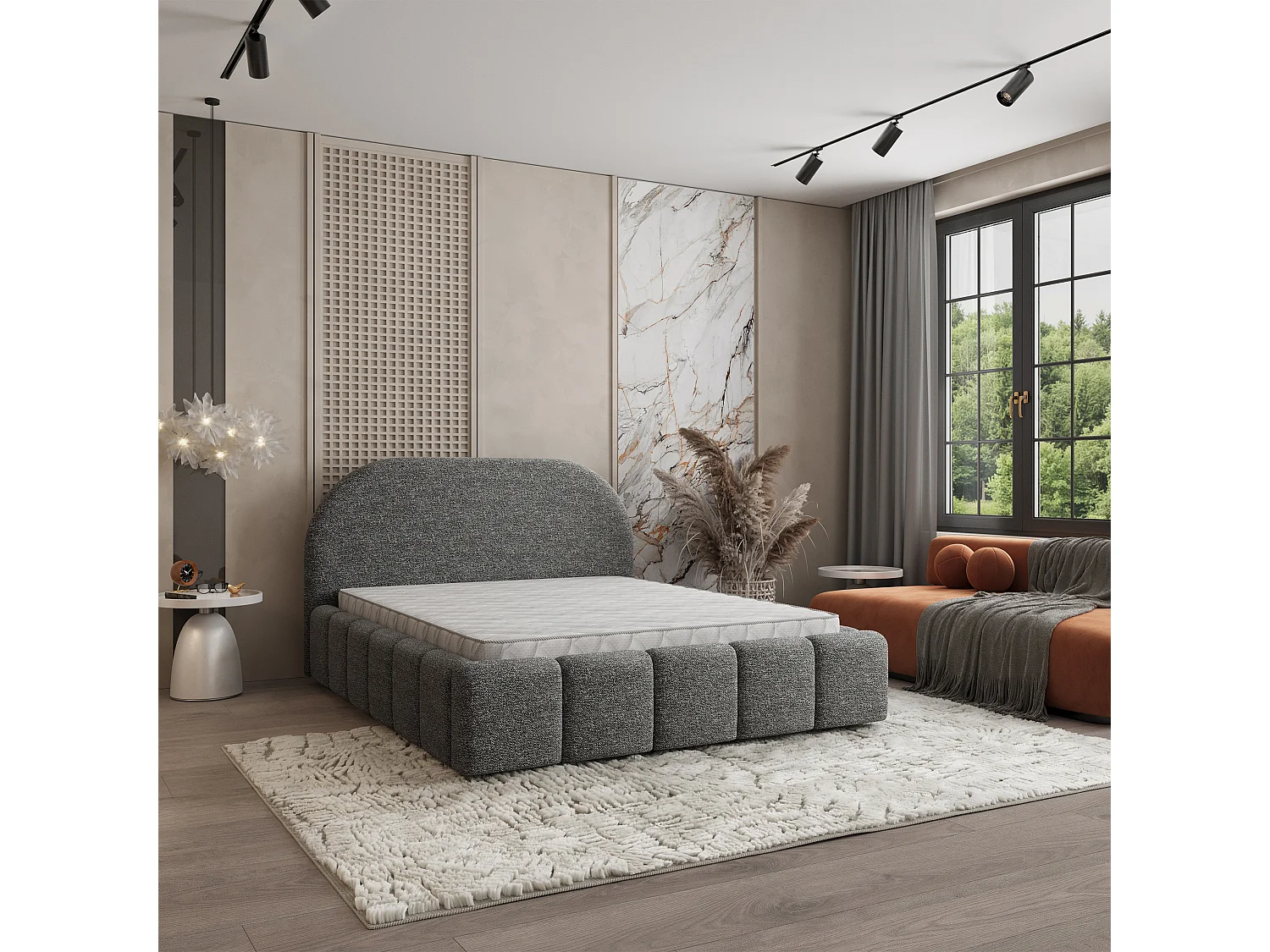 Gestoffeerd bed FLUSSO 180x200 cm - Chenillestof - Grijs