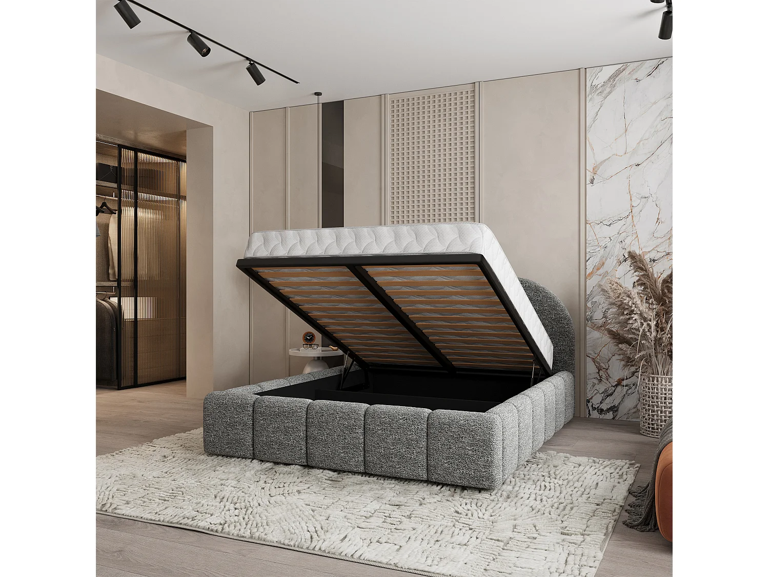 Gestoffeerd bed FLUSSO 180x200 cm - Chenillestof - Grijs