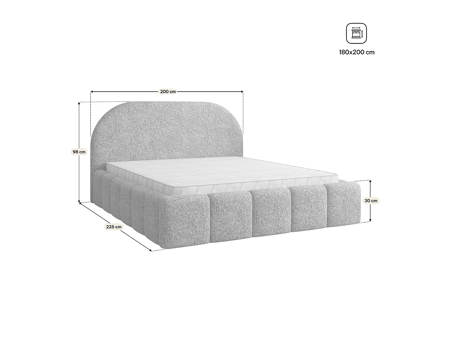 Gestoffeerd bed FLUSSO 180x200 cm - Chenillestof - Grijs