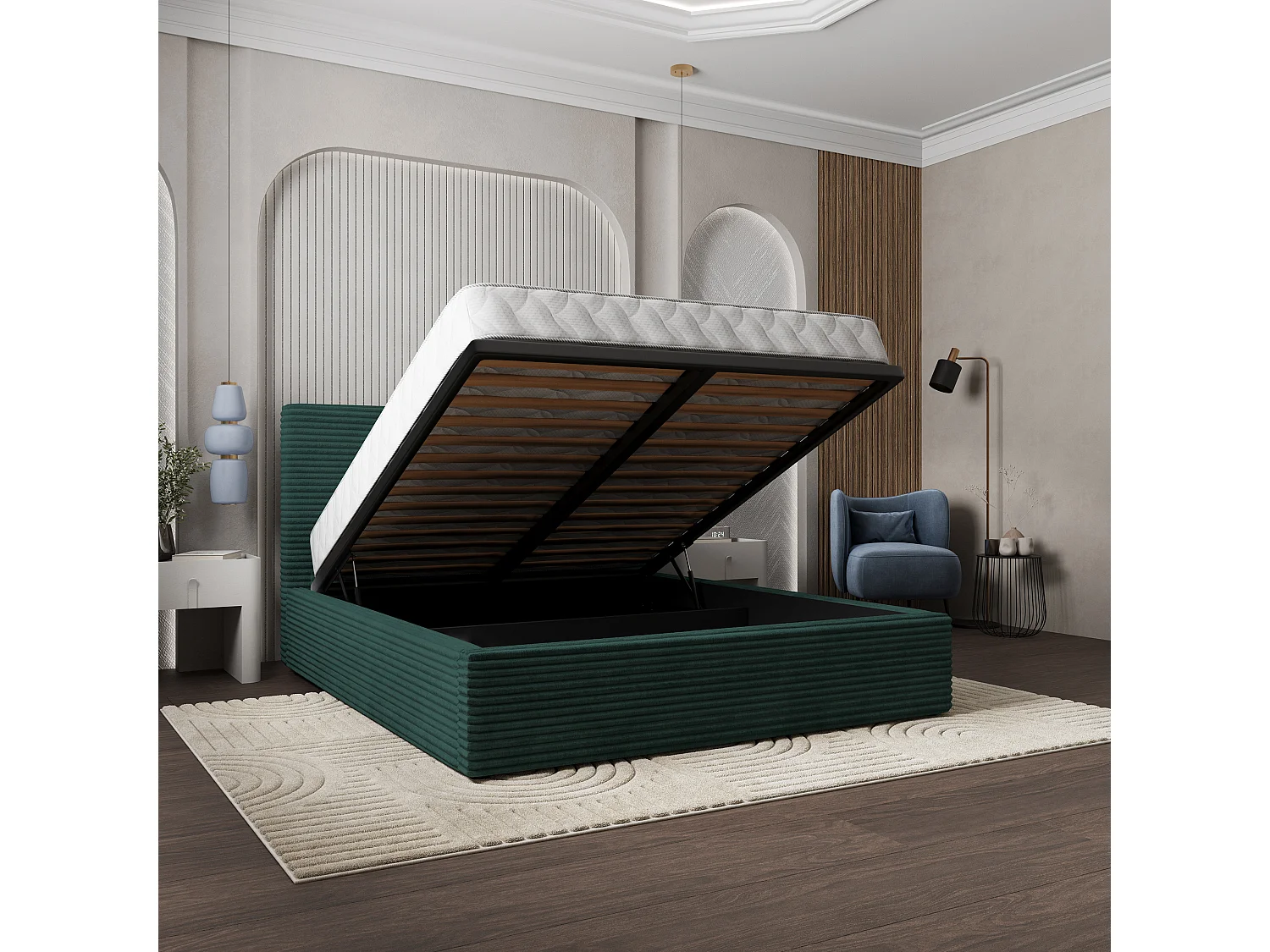 Gestoffeerd bed MIRETTI 200x200 cm - Corduroy stof - Flessengroen
