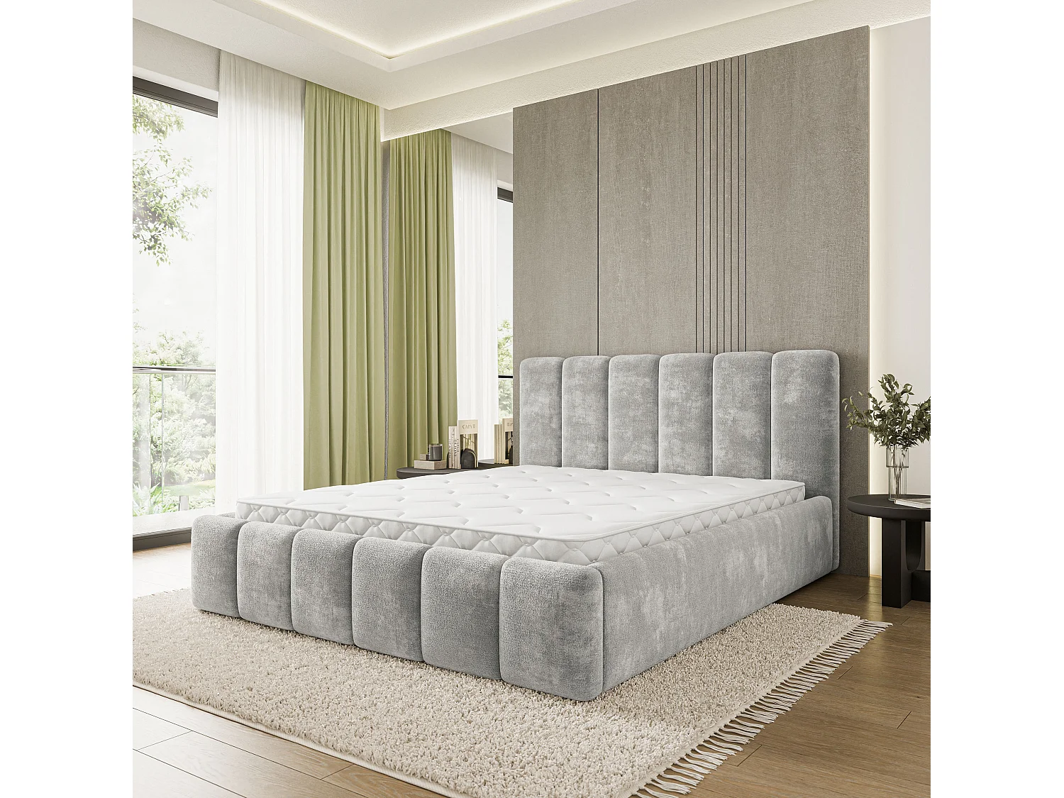 Gestoffeerd bed ATTORA 180x200 cm - Chenillestof - Lichtgrijs