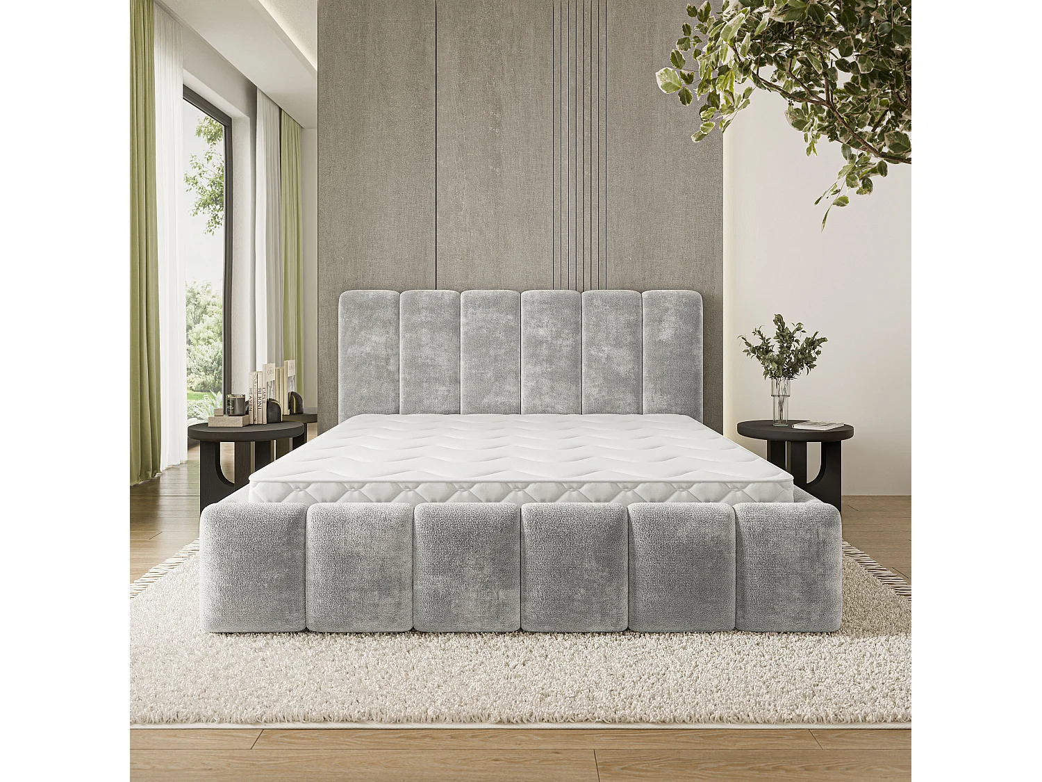 Gestoffeerd bed ATTORA 180x200 cm - Chenillestof - Lichtgrijs