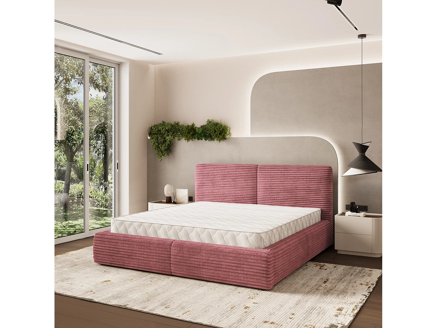 Lit Coffre FELURO 140x200 cm - Velours côtelé - Rose poudré
