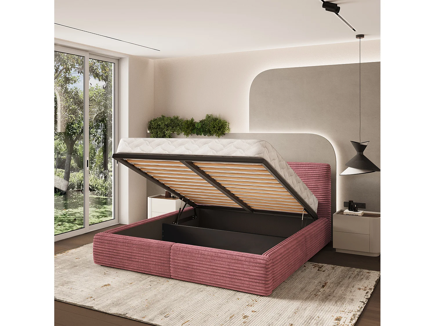 Lit Coffre FELURO 140x200 cm - Velours côtelé - Rose poudré