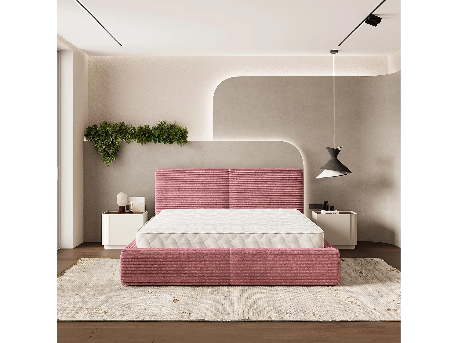 Lit Coffre FELURO 140x200 cm - Velours côtelé - Rose poudré
