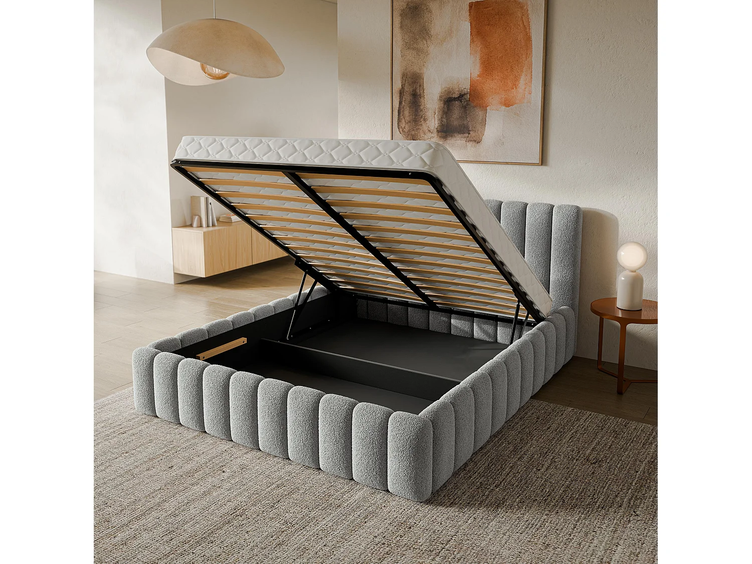 Gestoffeerd bed TEBA 140x200 cm - Bouclé stof - Lichtgrijs