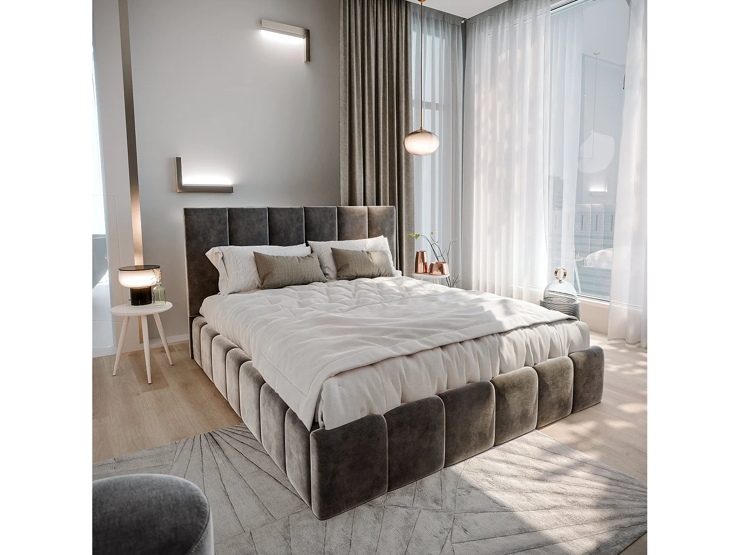 Gestoffeerd bed TARANTO 200x200 cm - Fluwelen stof - Grijs