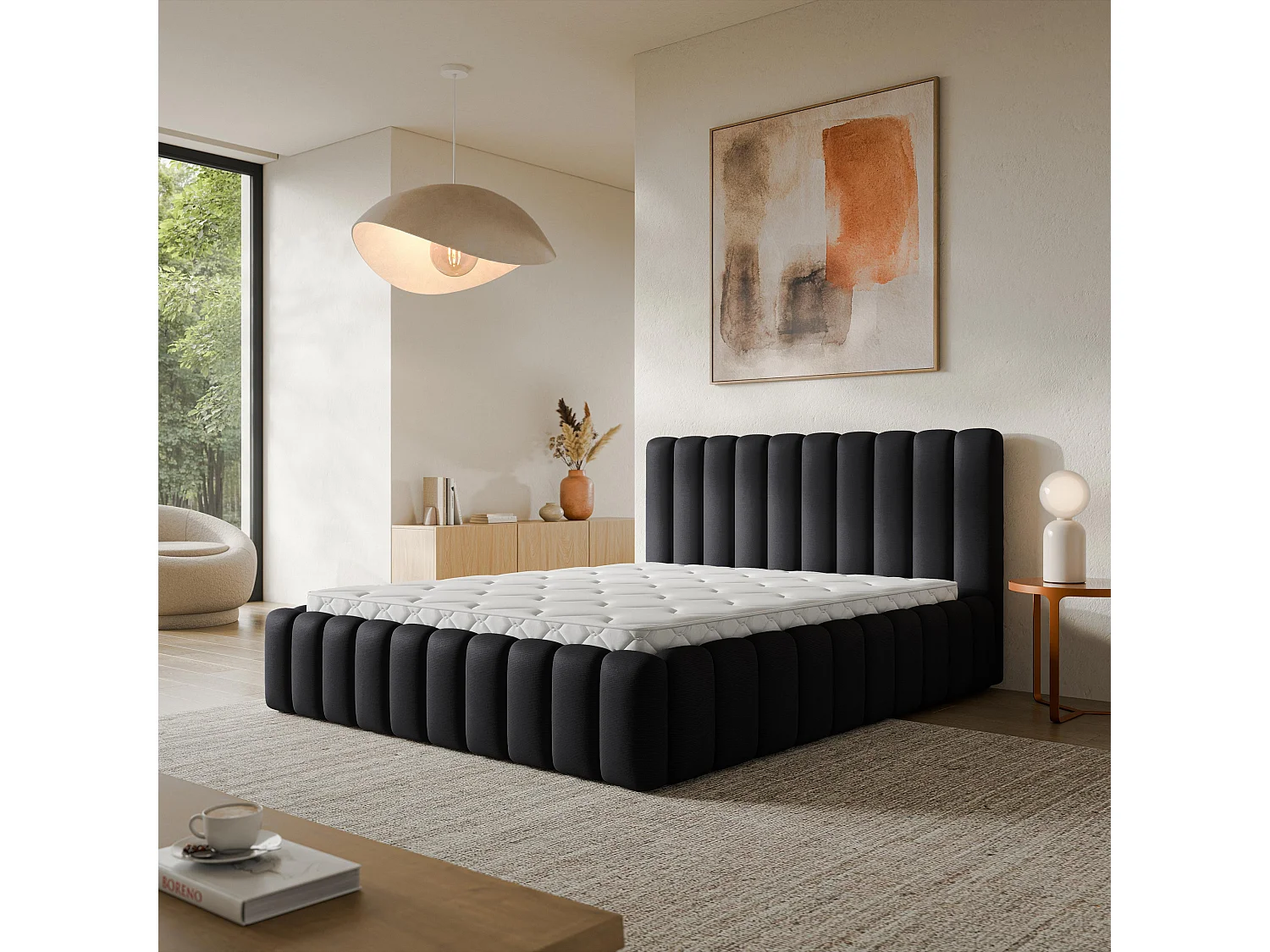 Gestoffeerd bed TEBA 200x200 cm - Pluche stof - Zwart
