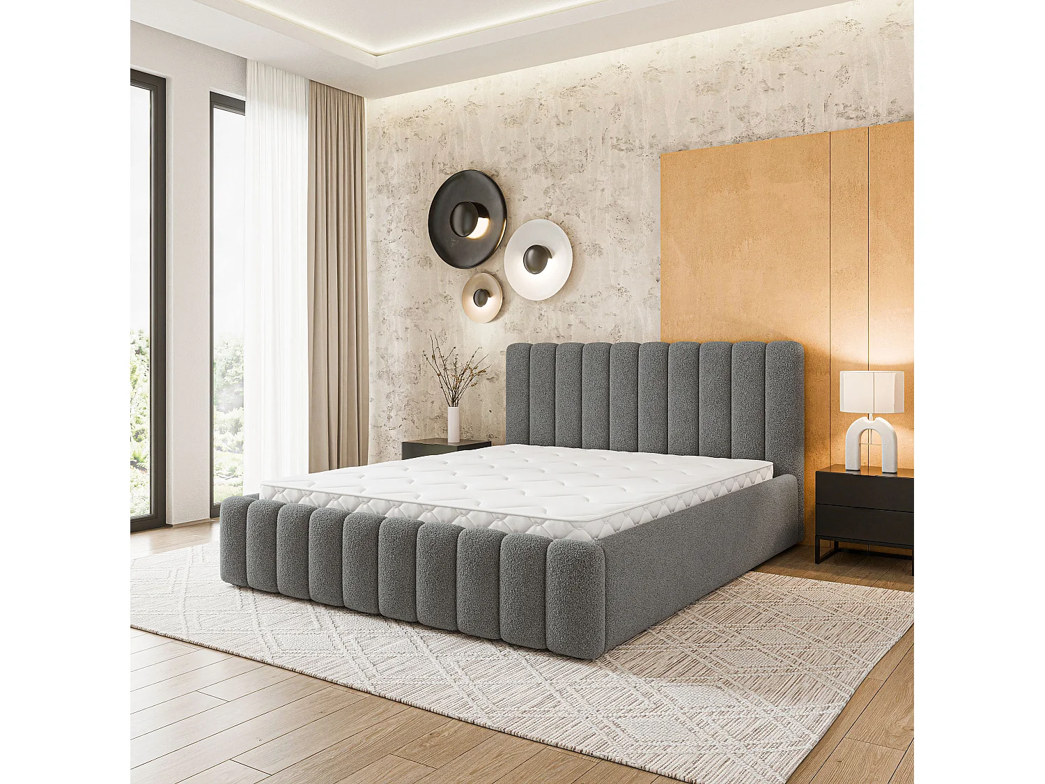 Gestoffeerd bed DINESE 180x200 cm - Bouclé stof - Grijs