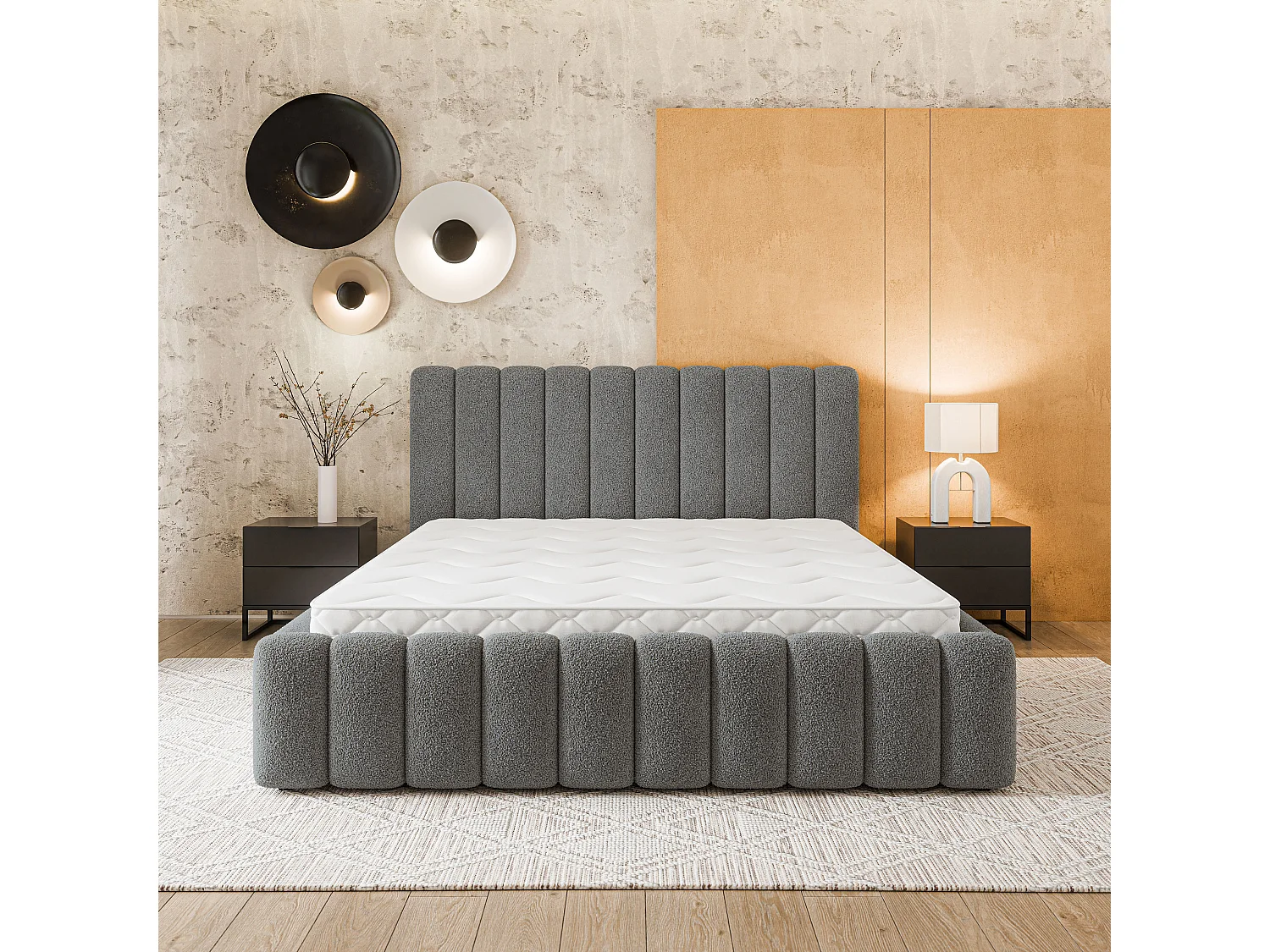 Gestoffeerd bed DINESE 180x200 cm - Bouclé stof - Grijs