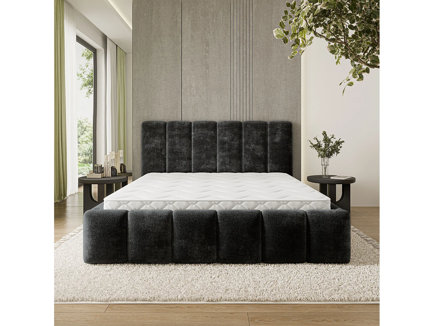 Gestoffeerd bed ATTORA 180x200 cm - Chenillestof - Zwart