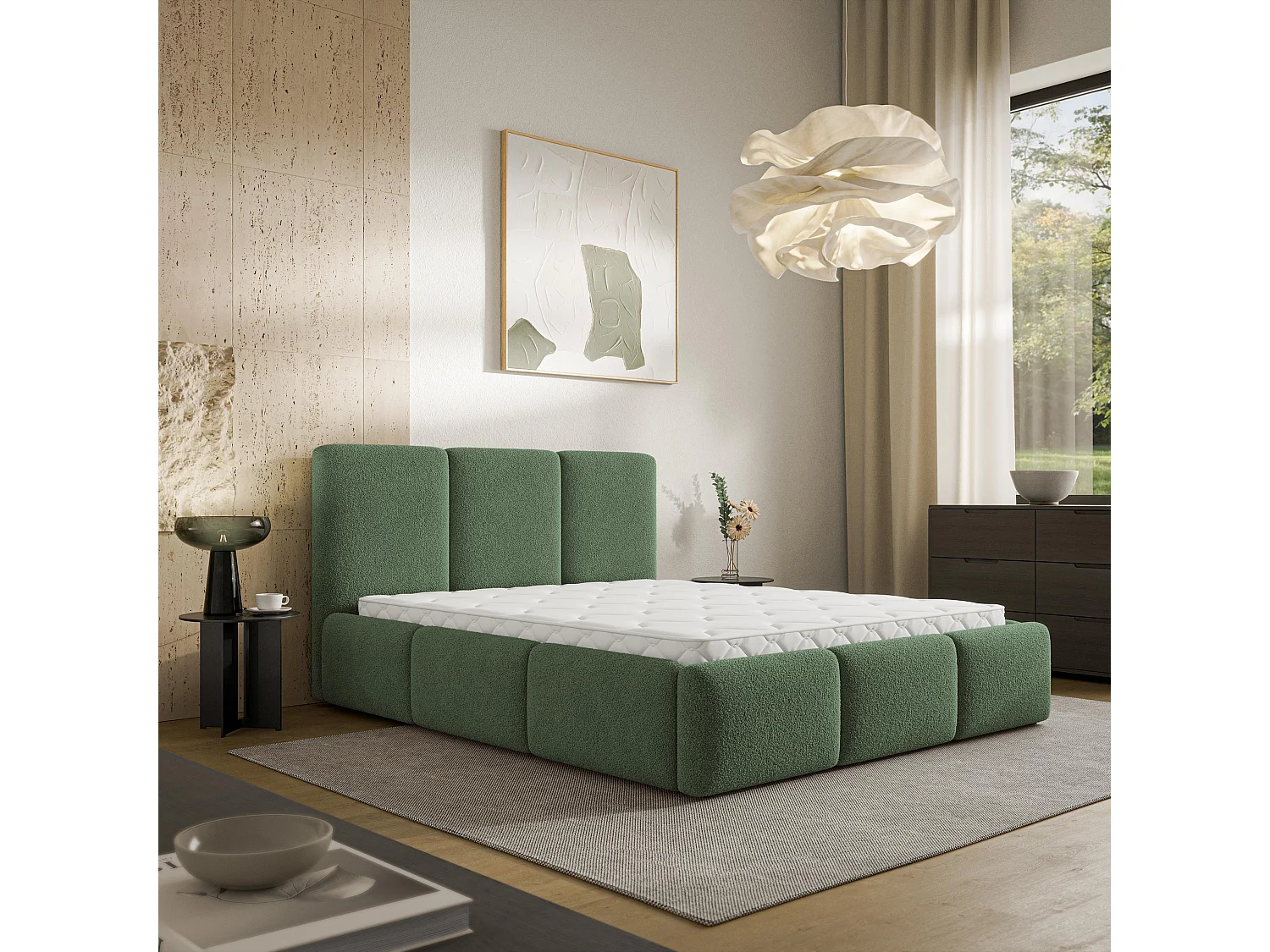 Gestoffeerd bed ARSIL 160x200 cm - Bouclé stof - Groen