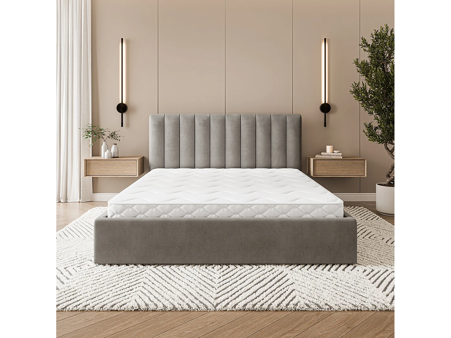 Gestoffeerd bed DEMERA 140x200 cm - Fluwelen stof - Grijs