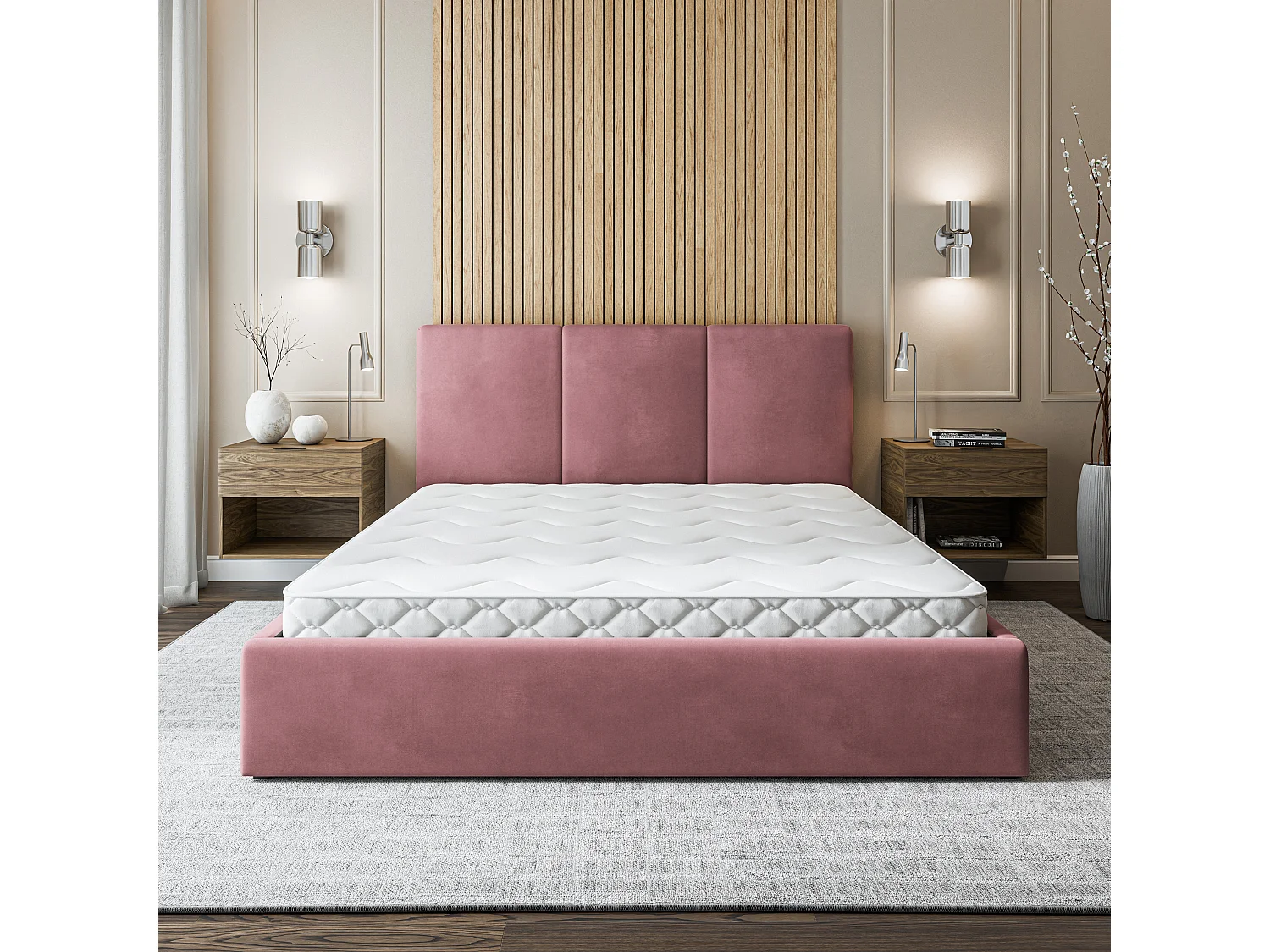 Gestoffeerd bed AZURI 200x200 cm - Fluwelen stof - Roze