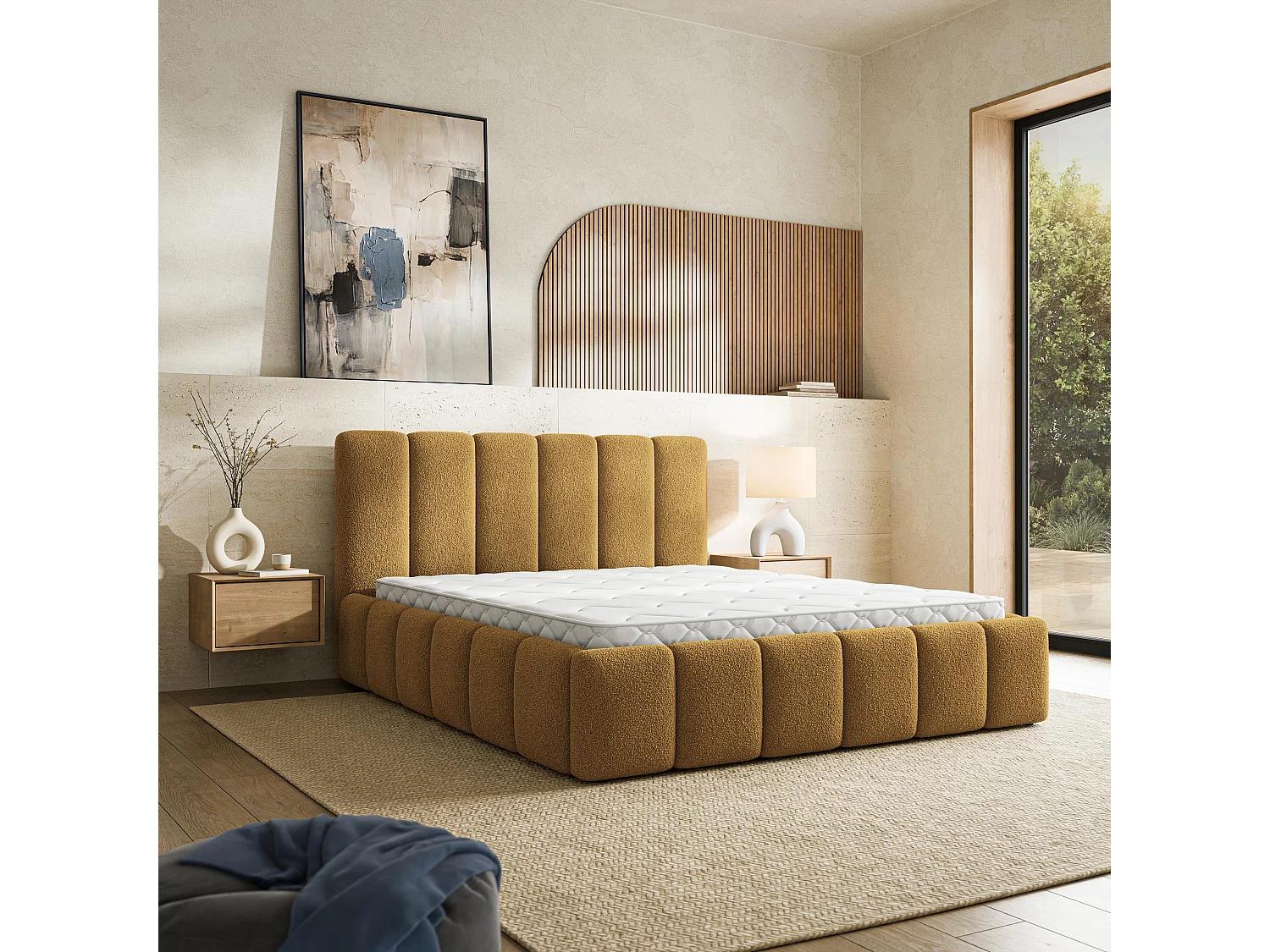 Gestoffeerd bed RANIS 200x200 cm - Bouclé stof - Honingkleurig