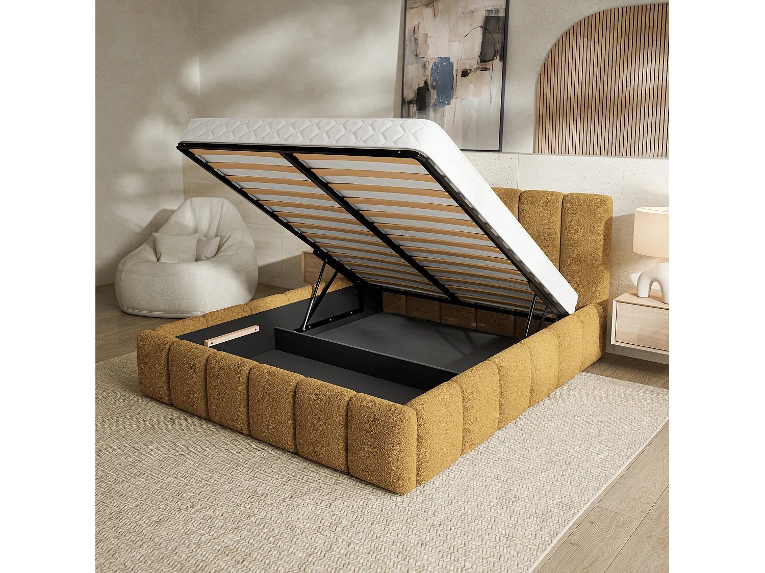 Gestoffeerd bed RANIS 200x200 cm - Bouclé stof - Honingkleurig