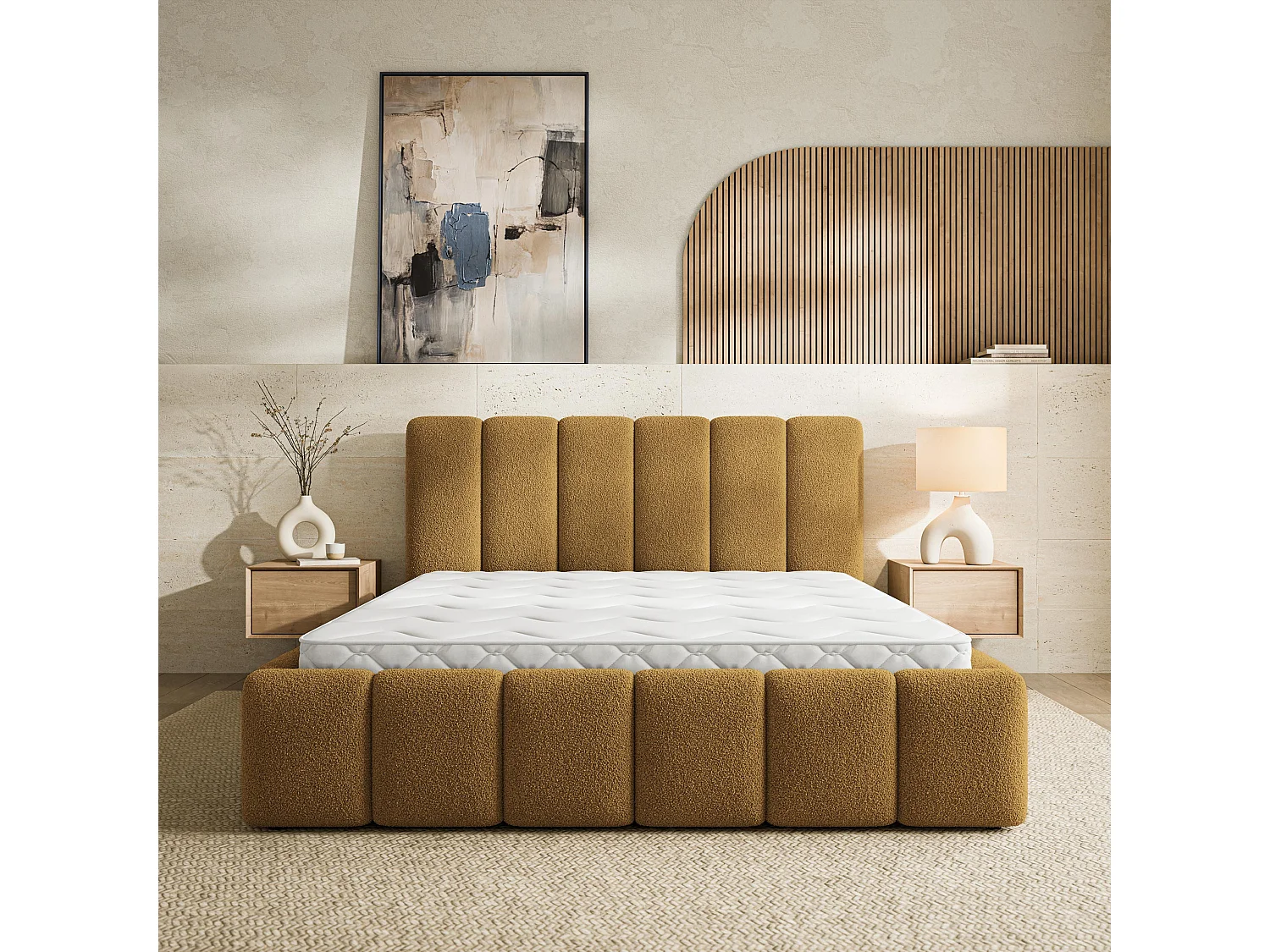 Gestoffeerd bed RANIS 200x200 cm - Bouclé stof - Honingkleurig