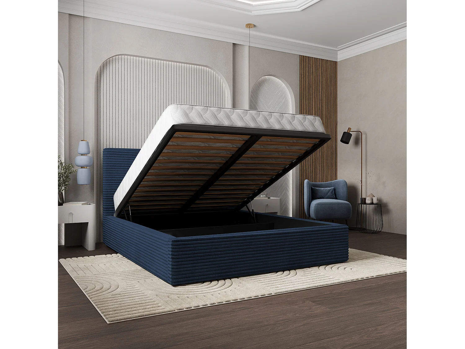 Gestoffeerd bed MIRETTI 120x200 cm - Corduroy stof - Blauw