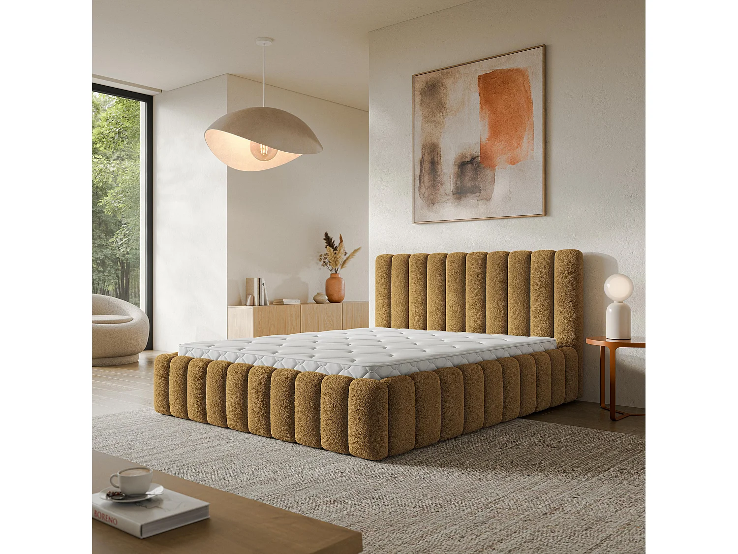 Lit Coffre TEBA 200x200 cm - Tissu bouclé - Miel