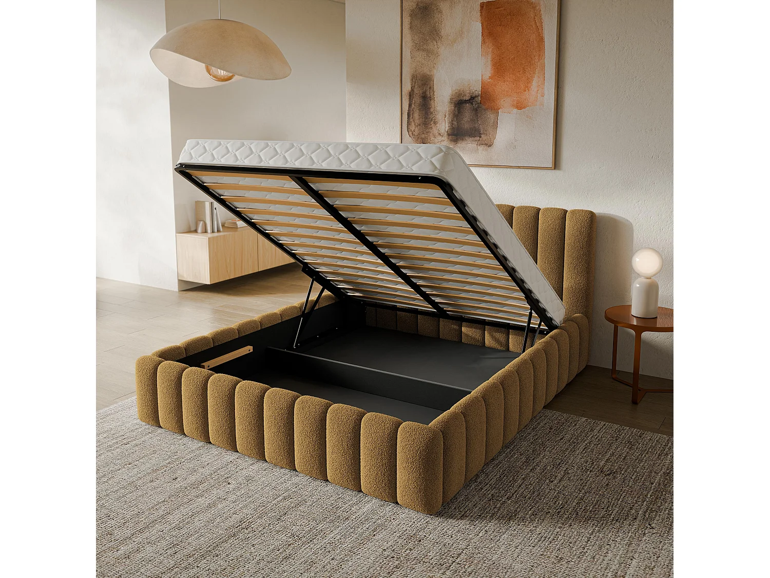 Lit Coffre TEBA 200x200 cm - Tissu bouclé - Miel