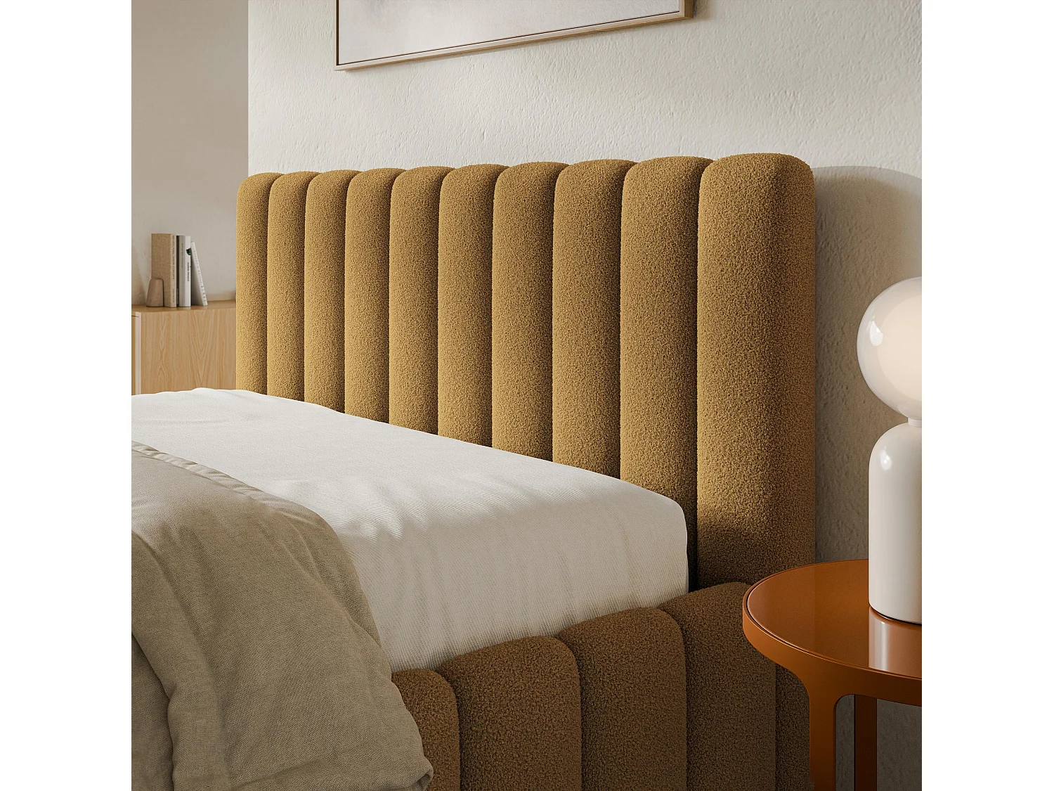 Lit Coffre TEBA 200x200 cm - Tissu bouclé - Miel