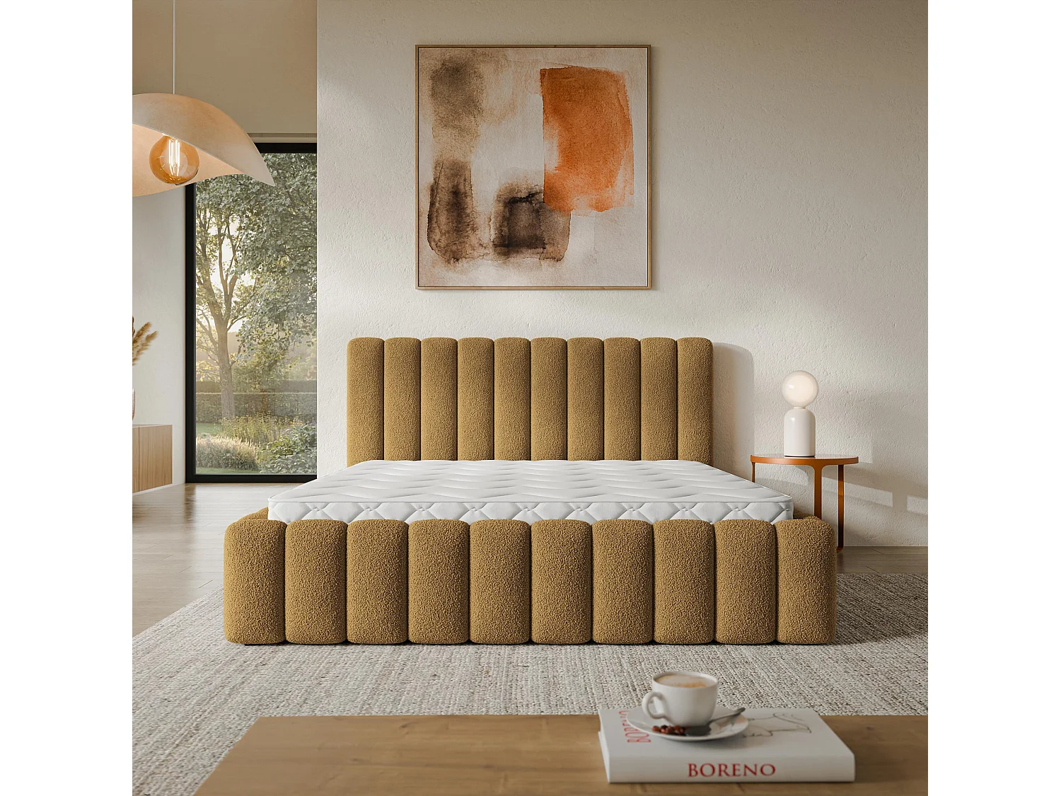 Lit Coffre TEBA 200x200 cm - Tissu bouclé - Miel