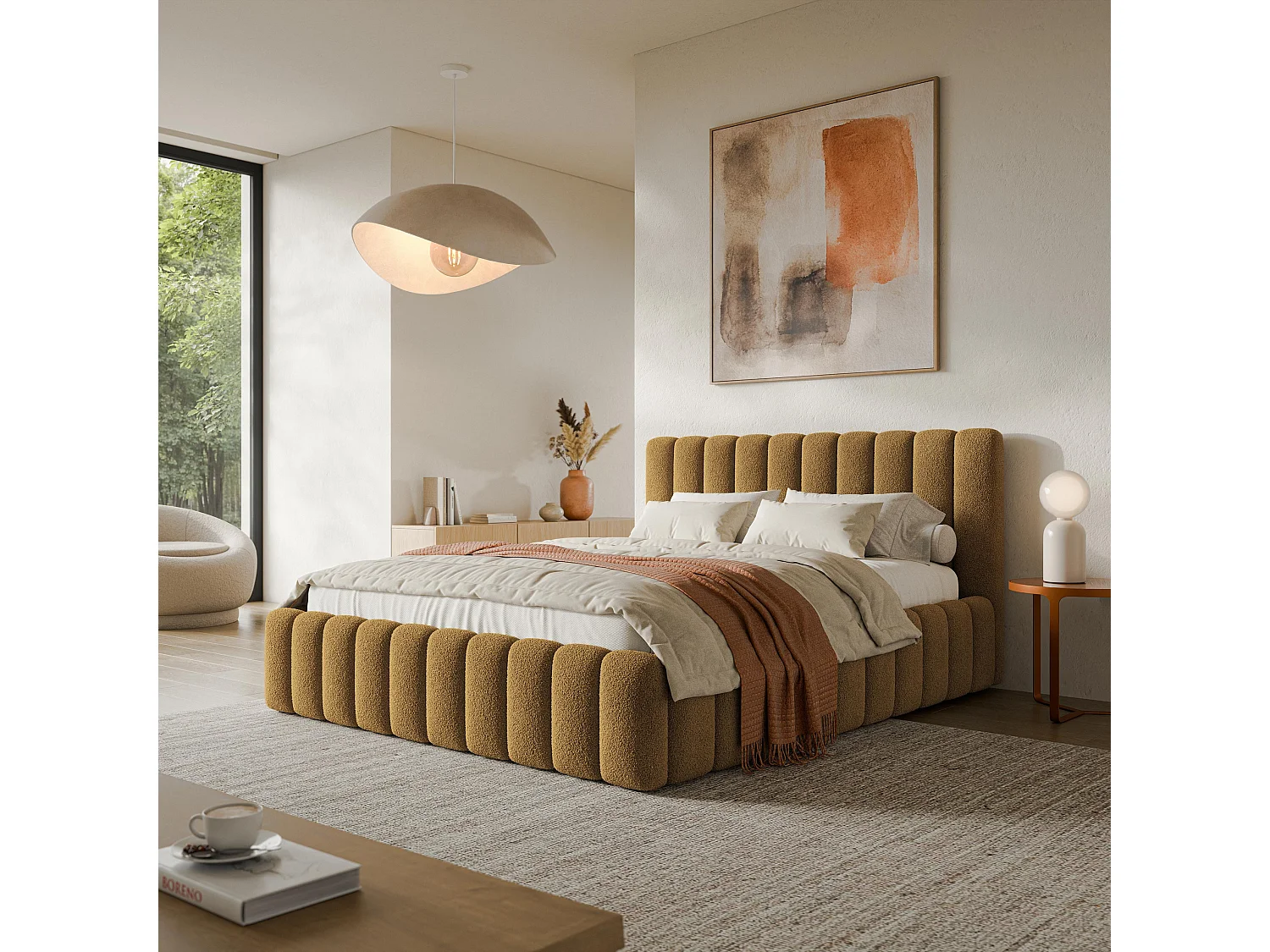 Lit Coffre TEBA 200x200 cm - Tissu bouclé - Miel