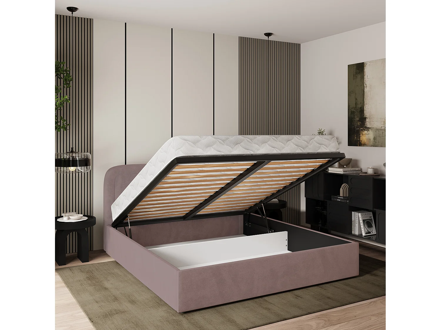 Lit Coffre BENIRA 140x200 cm - Tissu peluche - Rose poudré