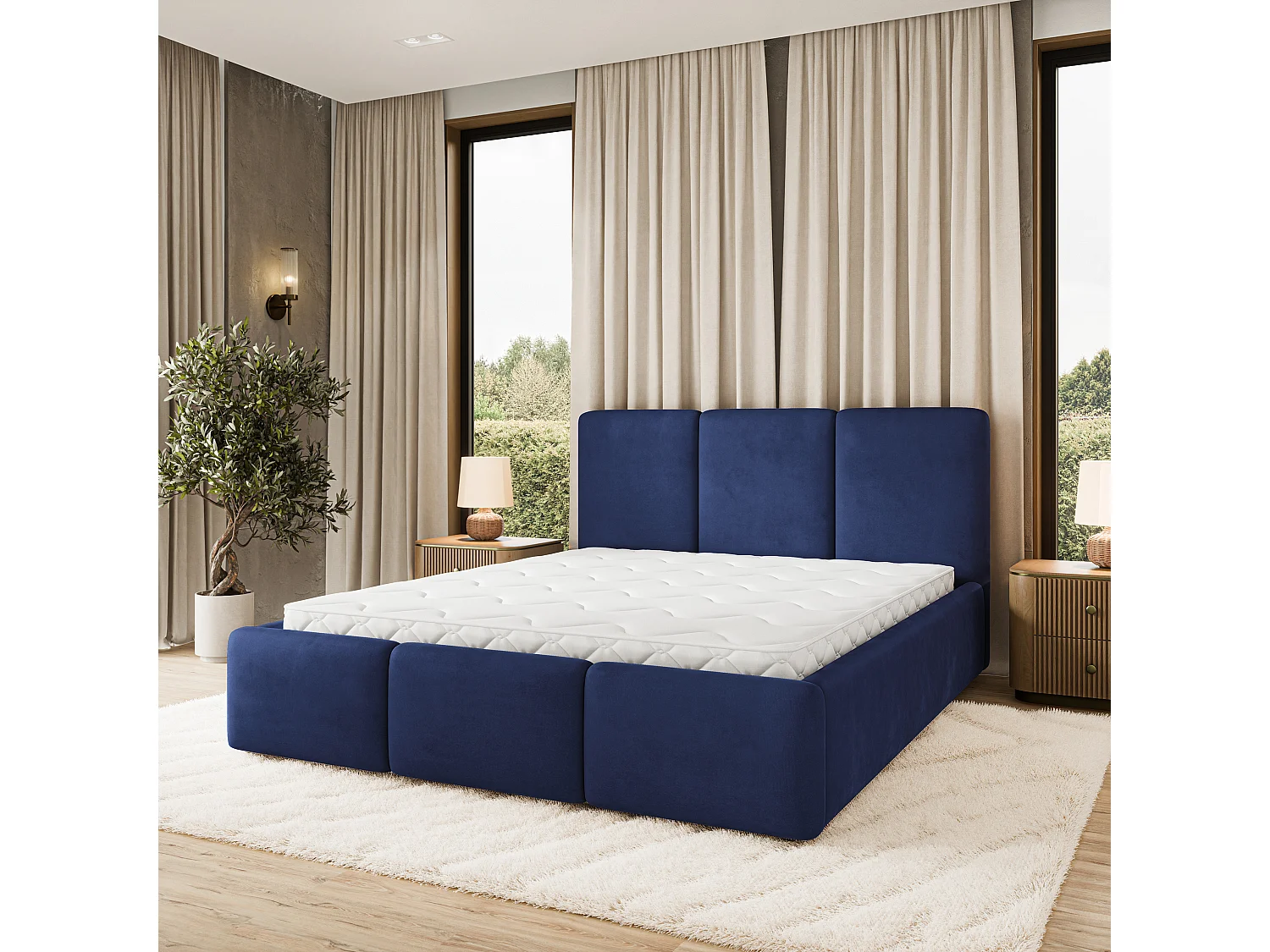 Gestoffeerd bed MORENA 200x200 cm - Fluwelen stof - Blauw
