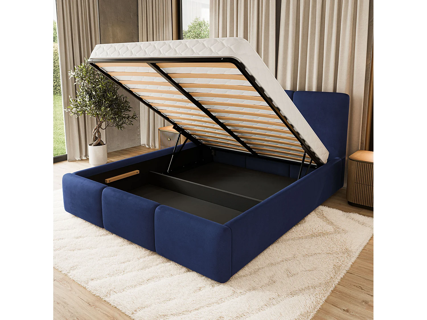 Gestoffeerd bed MORENA 200x200 cm - Fluwelen stof - Blauw