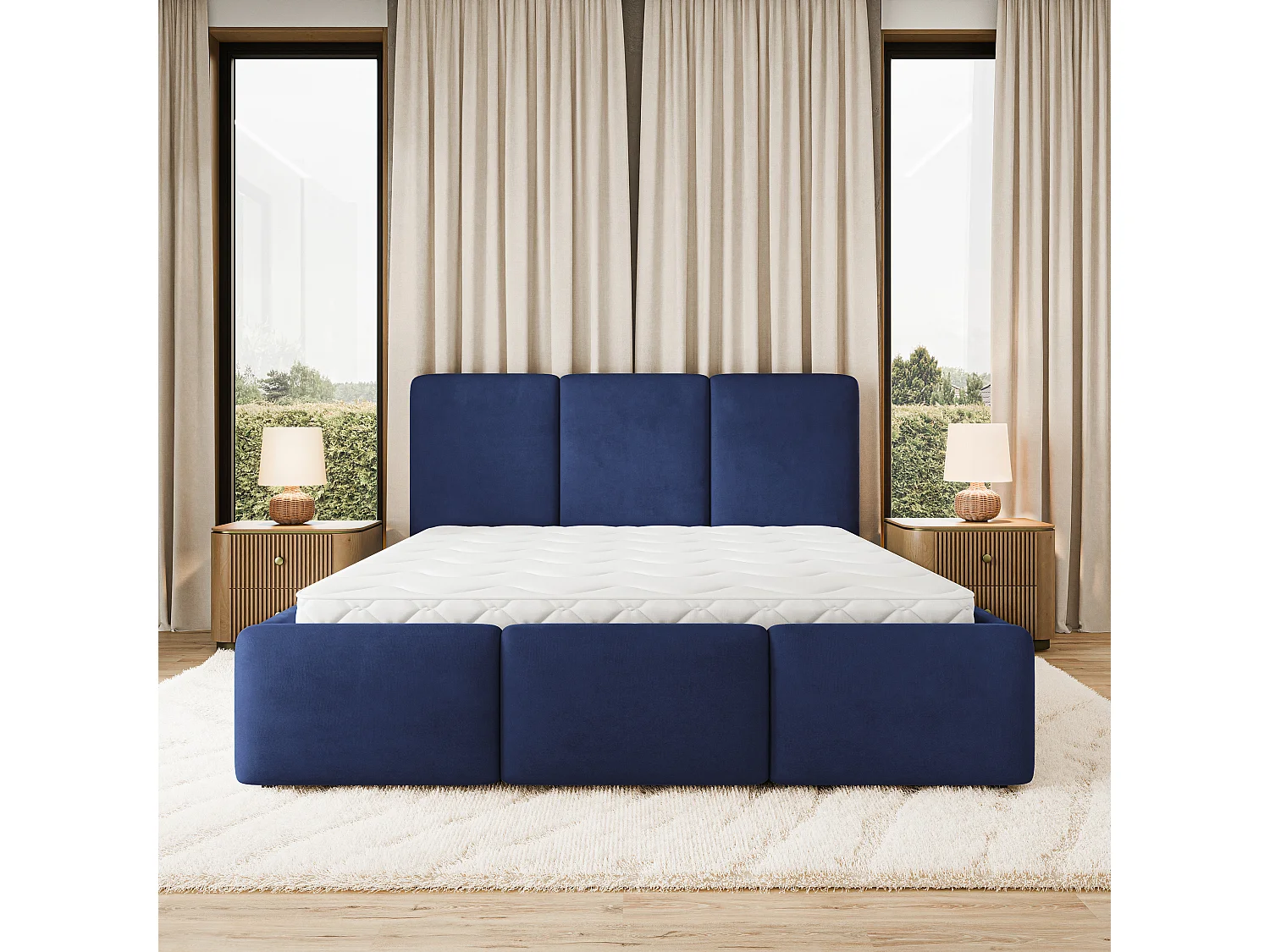 Gestoffeerd bed MORENA 200x200 cm - Fluwelen stof - Blauw