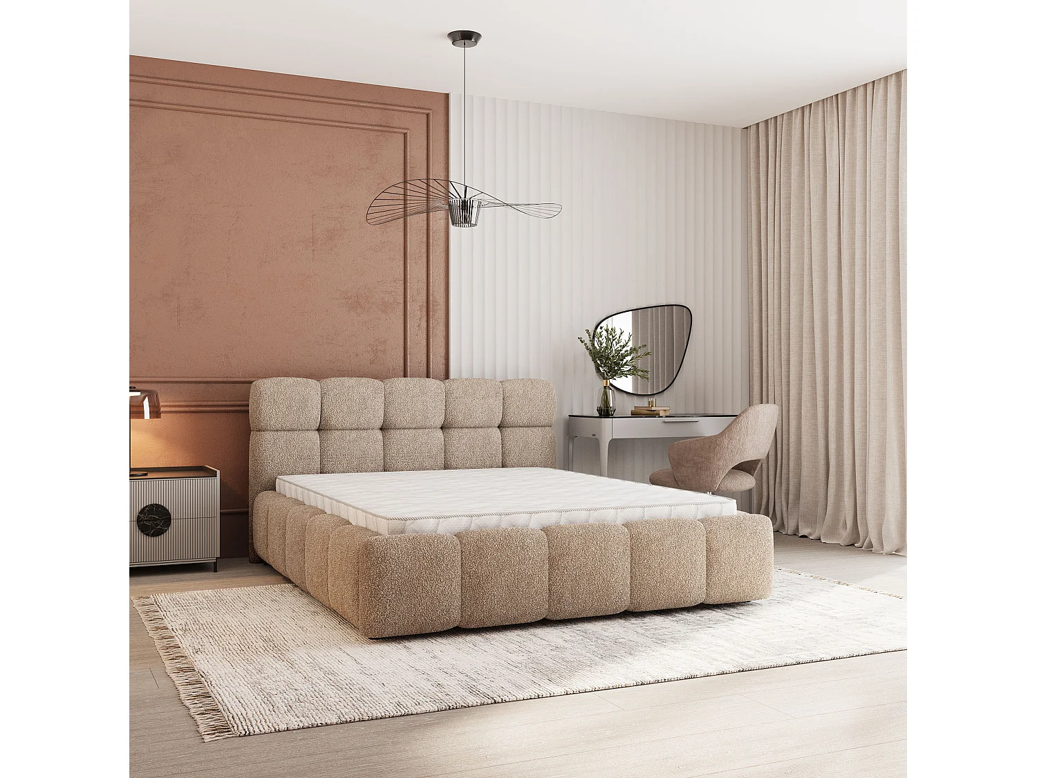Gestoffeerd bed FARU 180x200 cm - Bouclé stof - Beige