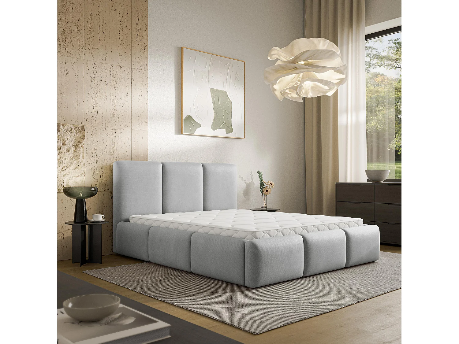 Gestoffeerd bed ARSIL 200x200 cm - Pluche stof - Lichtgrijs