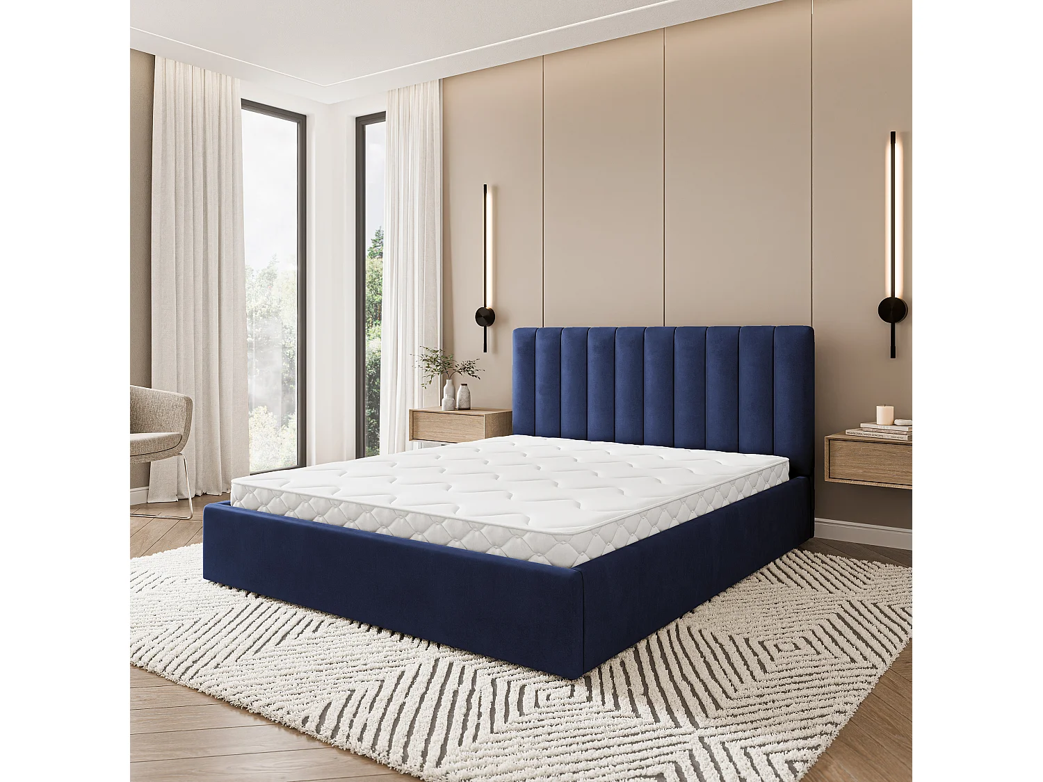 Gestoffeerd bed DEMERA 200x200 cm - Fluwelen stof - Blauw