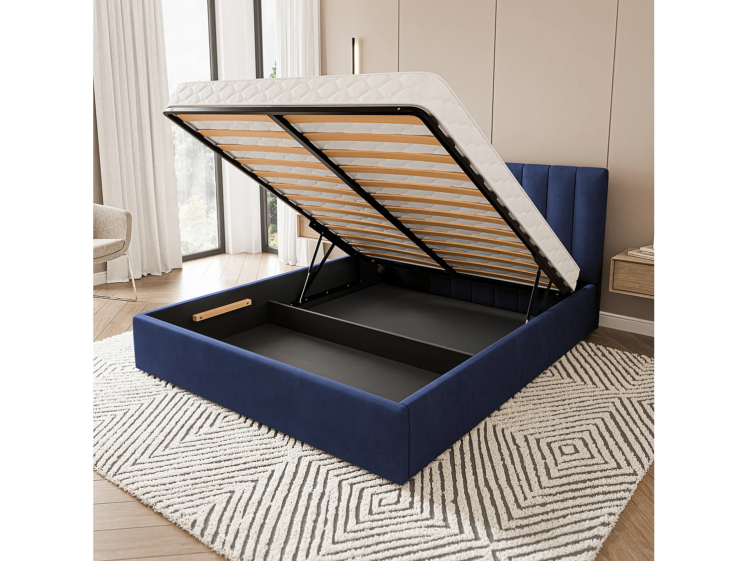 Gestoffeerd bed DEMERA 200x200 cm - Fluwelen stof - Blauw
